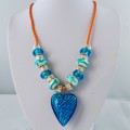 Murano Glass Heart Pendant with Sterling Silver Beaded Necklace#10001