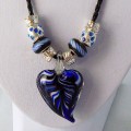 Murano Glass Heart Pendant with Sterling Silver Beaded Necklace#10003